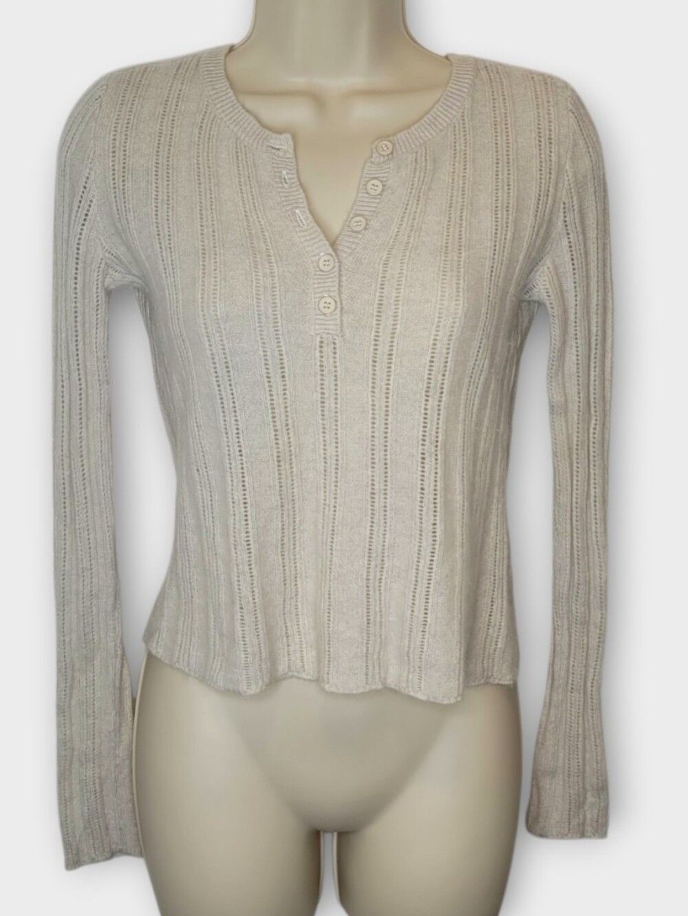 525 Cashmere Pointelle Henley Sweater XS Soft Beige
